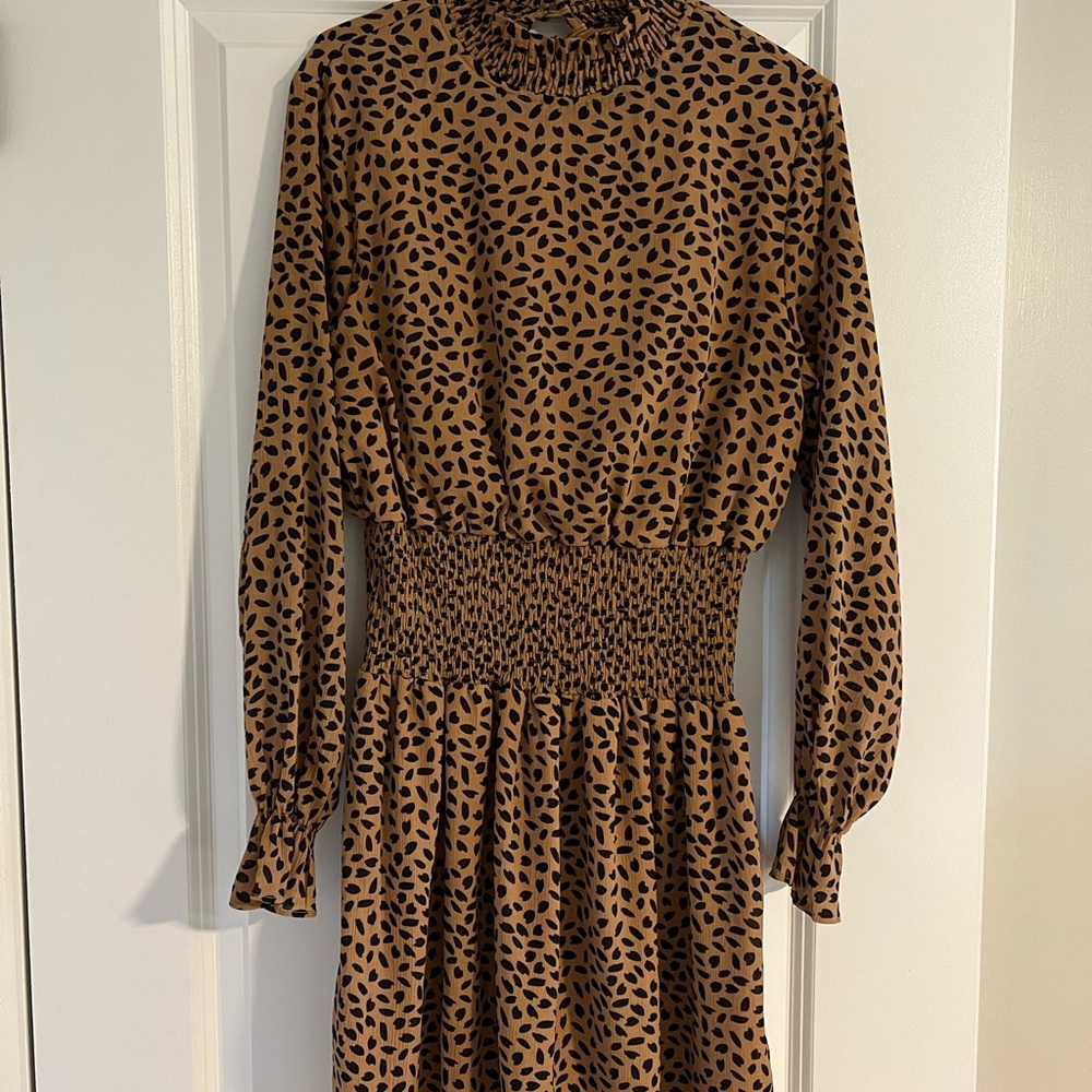 She + Sky Brown and Cream Fit and Flare Dress with Bishop Sleeves